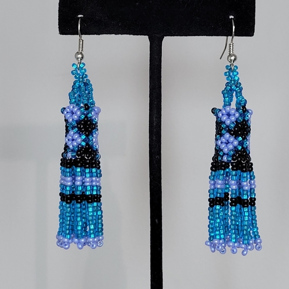 Blue, Periwinkle, & Black Sead Bead Mini Flowers Earrings - Lightweight - Picture 2 of 3
